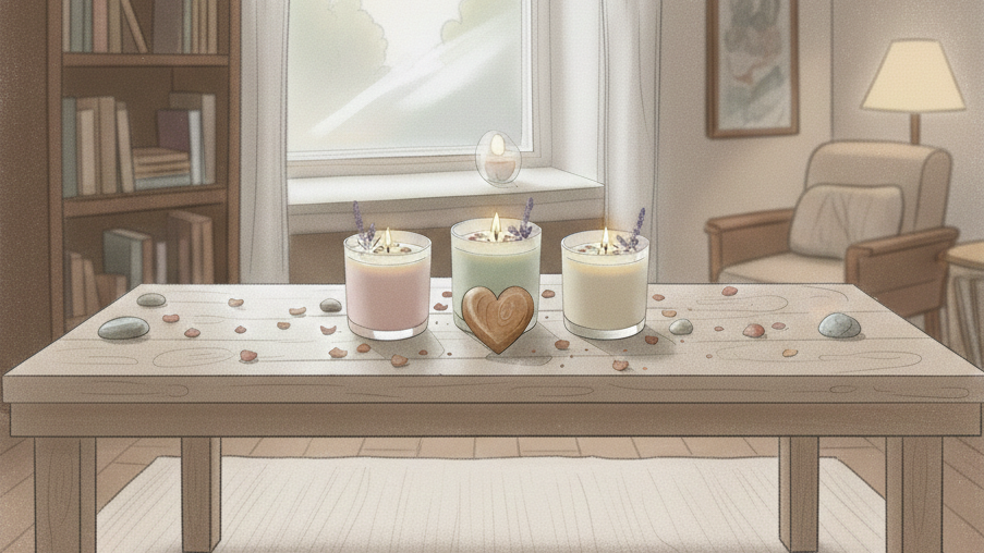 Living room with a wooden table, candles, and a bookshelf.